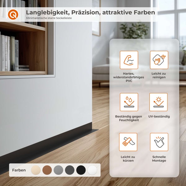 Minimalistische starre Sockelleiste aus PVC mit Produktvorteilen wie Feuchtigkeitsbeständigkeit, UV-Beständigkeit und einfacher Montage.