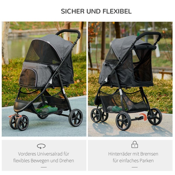 PawHut Hundebuggy Haustierwagen mit Regenschutz 2 Sicherheitsleinen Katzenwagen mit Aufbewahrungskorb Klappbar Hundebox für kleine und Miniaturhunde, Oxford, Grau