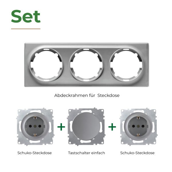 Set mit dreifach Abdeckrahmen, zwei Schuko Steckdosen und einem Tastschalter einfach.