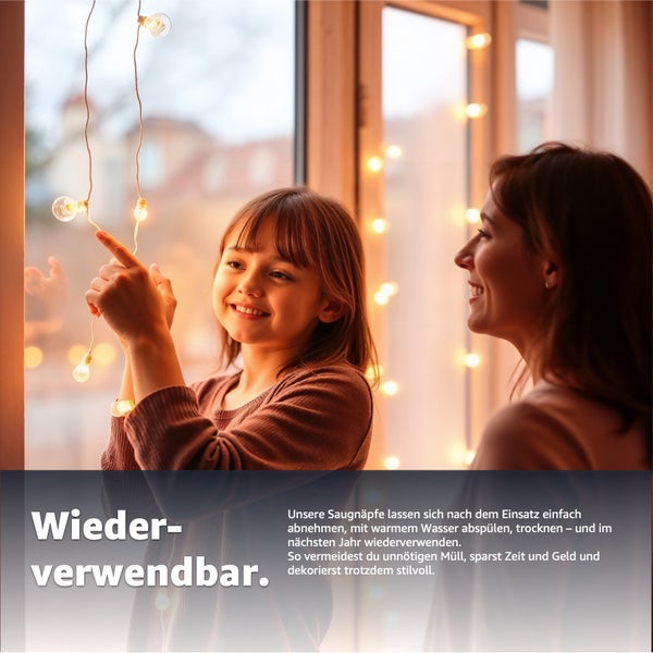 Mutter und Tochter dekorieren mit einer wiederverwendbaren Lichterkette am Fenster
