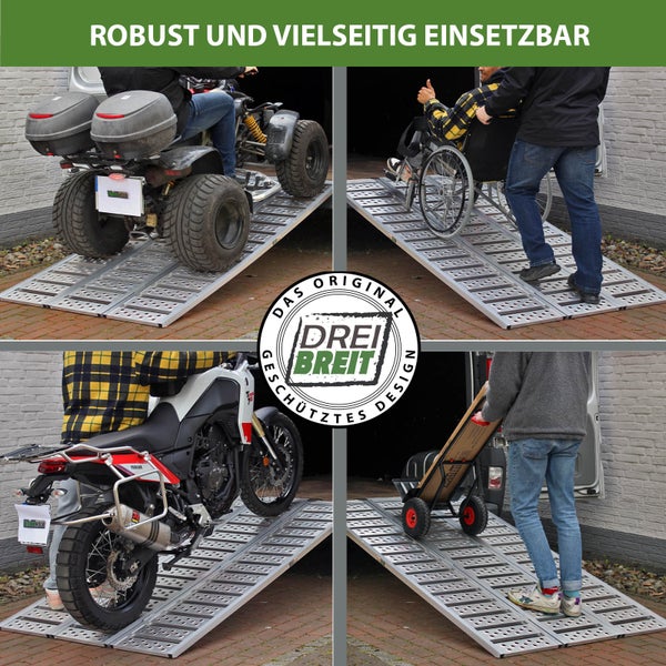 Mehrfachansicht von Aluminium-Laderampen im Einsatz mit verschiedenen Fahrzeugen wie Quad, Rollstuhl, Motorrad und Sackkarre.
