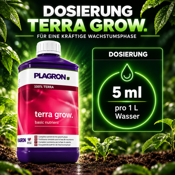 Plagron Terra Grow Pflanzendünger in einer Flasche mit Anwendungshinweis zur Dosierung von 5 Milliliter pro 1 Liter Wasser für die Wachstumsphase.