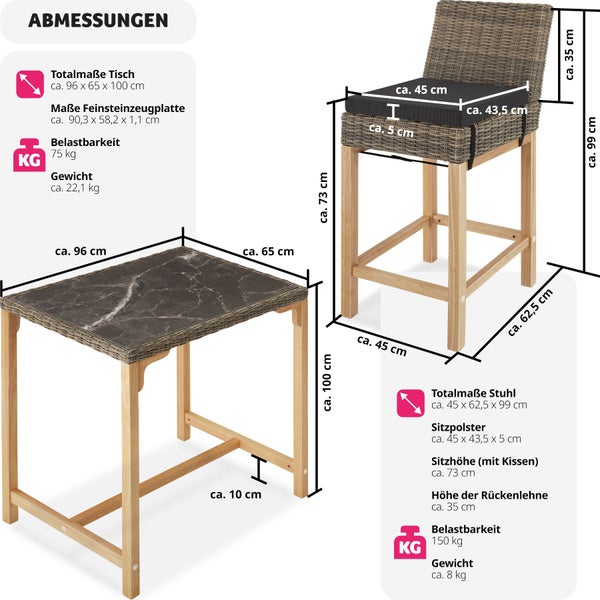 Rattan Tisch Kutina mit 2 Stühlen Latina tectake  Beine aus Holz mit Aluminiumgestellen natur