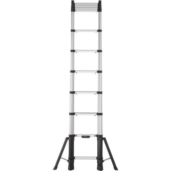 Teleskopleiter aus Aluminium mit schwarzen Kunststoffelementen und Stabilisierungshilfe.