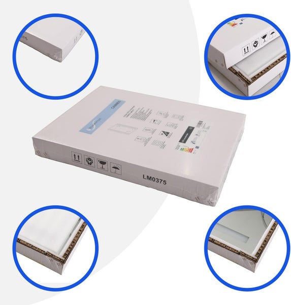 Verpackung einer LED Spiegel Leuchte Cannes von Quabatos in Karton mit Produktdetails und Symbolen zur Handhabung sowie Energieeffizienzlabel.