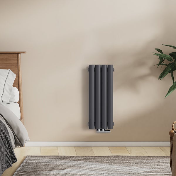 EMKE Badheizkörper 600×240 mm, Designheizkörper, Vertikal, Einzelrohr oval, 177W, Anthrazit, für Warmwasserbetrieb, für Bad, Zentralanschluss