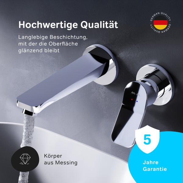 Wandarmatur mit langlebiger Beschichtung und Messingkorpus, German Quality Siegel, 5 Jahre Garantie.