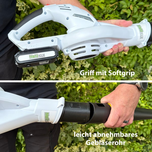Trutzholm Akku-Laubbläser mit Softgrip-Griff und abnehmbarem Gebläserohr vor einer Hecke.