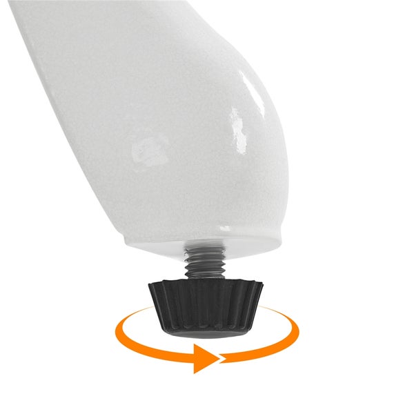 Detailansicht eines Möbelbeins mit Nivellierfuß und Drehpfeil