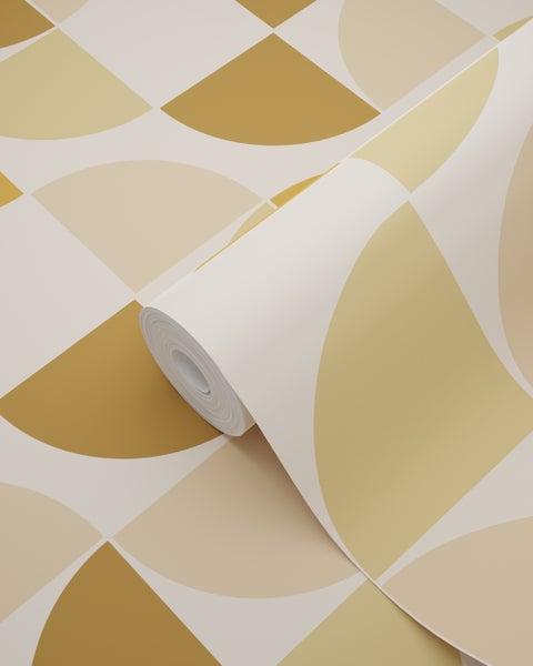 Vliestapete mit geometrischem Halbkreis-Muster im Retro-Stil, beige und ockerfarben, Rolle teilweise ausgerollt.