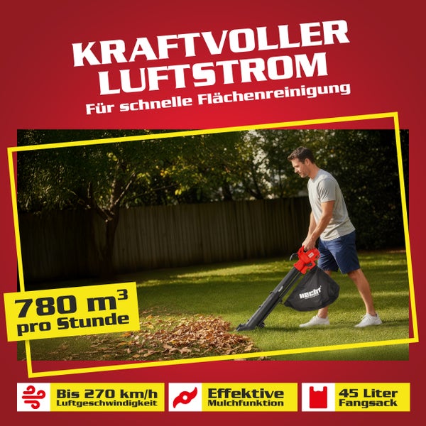Mann benutzt Laubsauger im Garten zur Laubentfernung. Hecht Logo.