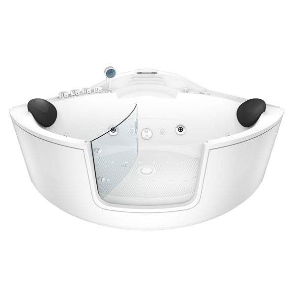 Weiße Whirlpool-Badewanne mit gläserner Einstiegstür, zwei schwarzen Kopfstützen, Handbrause und integrierten Massagedüsen.