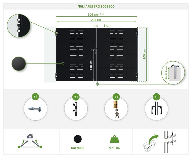 Abbildung des Nali Arlberg 300B200 Zauns mit Maßangaben und Zubehör