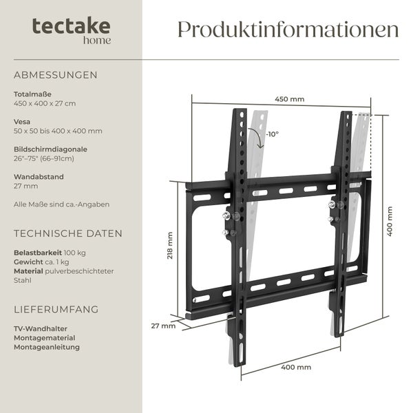 Produktinformationen zur Fernsehwandhalterung mit Abmessungen und technischen Daten