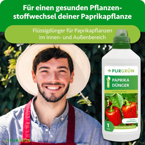 Purgrün Bio Paprikadünger, 1 Liter Flasche, für Paprikapflanzen im Innen- und Außenbereich, reicht für circa 100 Liter Gießwasser. Purgrün Logo.