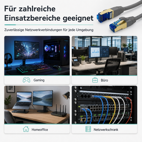Netzwerkkabel für verschiedene Einsatzbereiche wie Gaming, Büro, Homeoffice und Netzwerkschränke.
