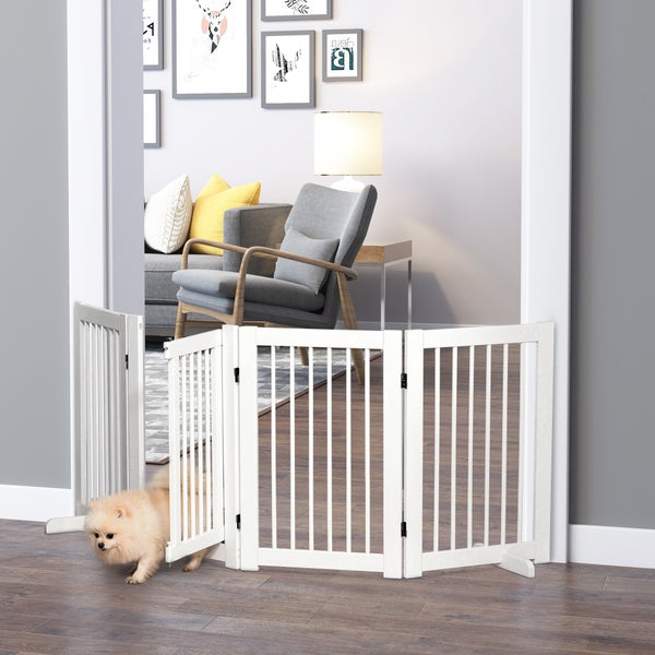 PawHut Absperrgitter Hund 4-teilig, 220 x 91 cm Faltbar Türschutzgitter mit Tür, Freistehend Hundegitter mit 2 Stützfüßen, Treppengitter aus Holz für Flur, Küche, Treppe, Weiß