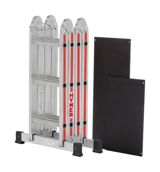 Mehrzweckleiter aus Aluminium mit zwei schwarzen Arbeitsbühnen