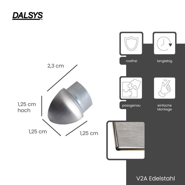DALSYS Logo. V2A Edelstahl Außenecke für Profile, 1,25 Zentimeter hoch und 2,3 Zentimeter lang. Rostfrei, langlebig und einfache Montage.