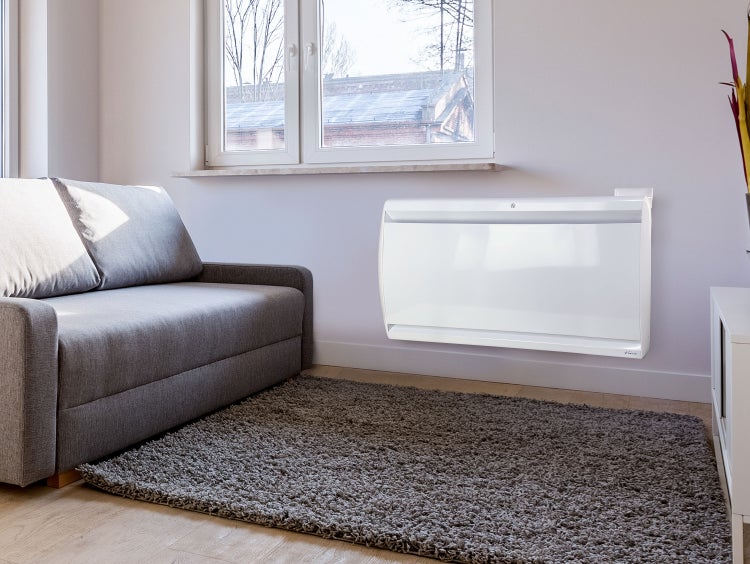 Wohnzimmer mit grauem Sofa, Teppich und weißem Konvektor an der Wand