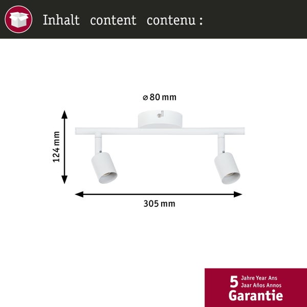 Zweiflammiger Deckenstrahler, Breite 305 Millimeter, Höhe 124 Millimeter, Baldachin-Durchmesser 80 Millimeter, 5 Jahre Garantie.