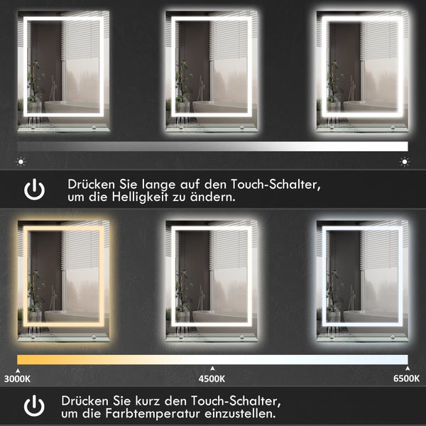 kleankin Badspiegel mit Beleuchtung 70 x 50 cm Rechteckiger Wandspiegel LED Spiegel mit Touchschalter, Memory-Funktion Lichtspiegel Beschlagfrei mit 3 Lichtfarben Transparent