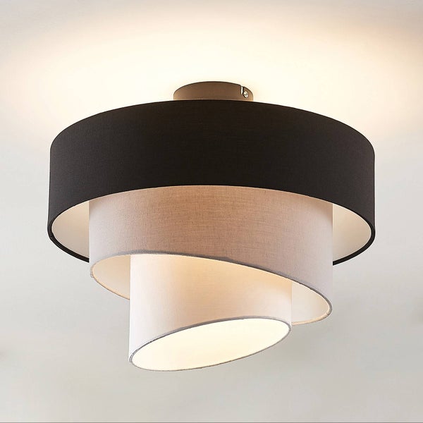 Lindby Stoff Deckenlampe schwarz, grau weiß 3 Textil Schirme rund 1x E27 max. 60W ohne Leuchtmittel Deckenleuchte Schlafzimmerlampe