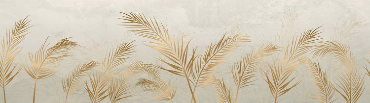 Fototapete mit goldenen Palmenblättern auf hellem Hintergrund mit Steinoptik, Vliestapete für elegante Wandgestaltung.