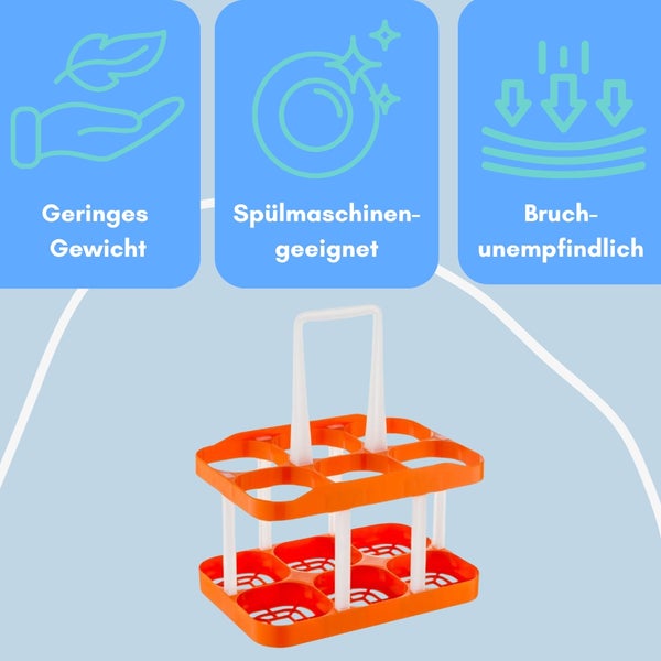 Flaschenträger mit den Symbolen: geringes Gewicht, spülmaschinengeeignet und bruchunempfindlich