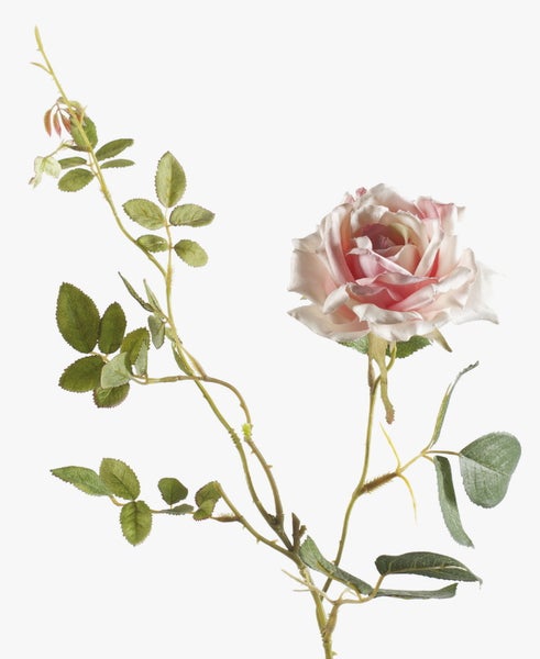 Künstliche Rose mit einer rosafarbenen Blüte und grünen Blättern am Stiel.