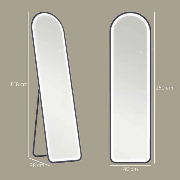 HOMCOM Bogen Ganzkörperspiegel mit Beleuchtung, 150 x 40 cm Standspiegel mit LED, 3 Lichtfarben, Wandspiegel mit Ständer, Touch-Schalter, für Schlafzimmer, Wohnzimmer, Schwarz