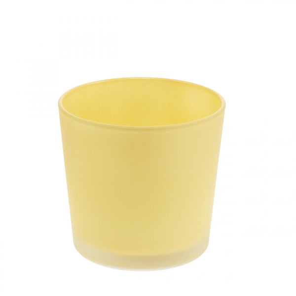 Gelber Übertopf aus Glas mit matter Oberfläche, rund, für Orchideen.