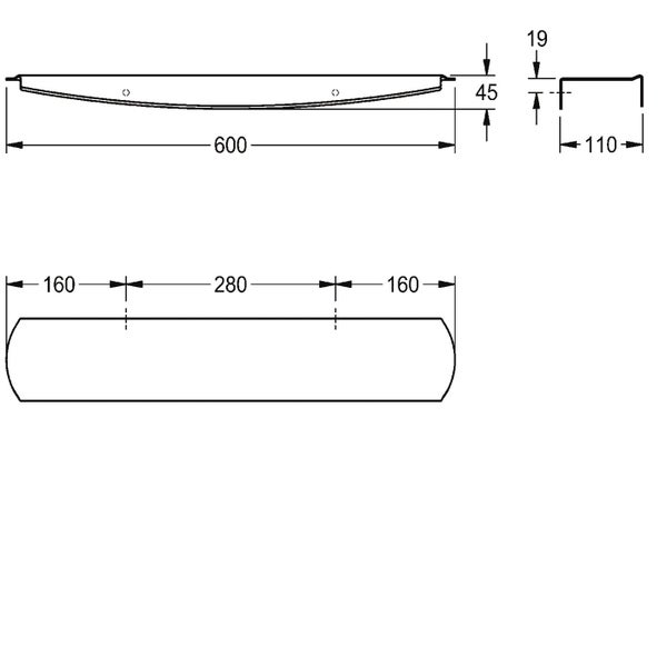 Technische Zeichnung einer metallischen Abdeckleiste mit Maßangaben in Millimetern.