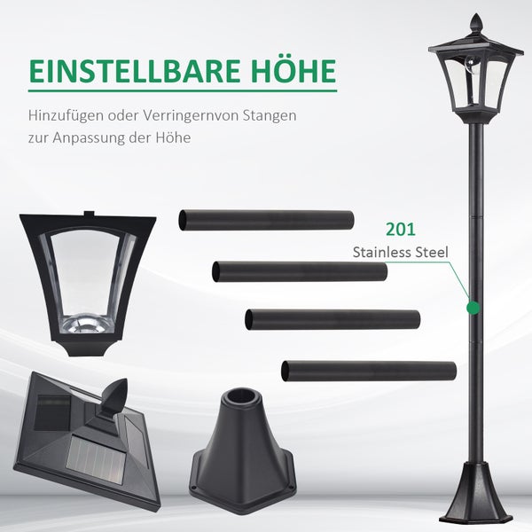 Outsunny Solar Gartenlaterne, Wegleuchte mit LED 40 Lumen, 18 x 18 x 160cm, Edelstahl, Kunststoff, Schwarz