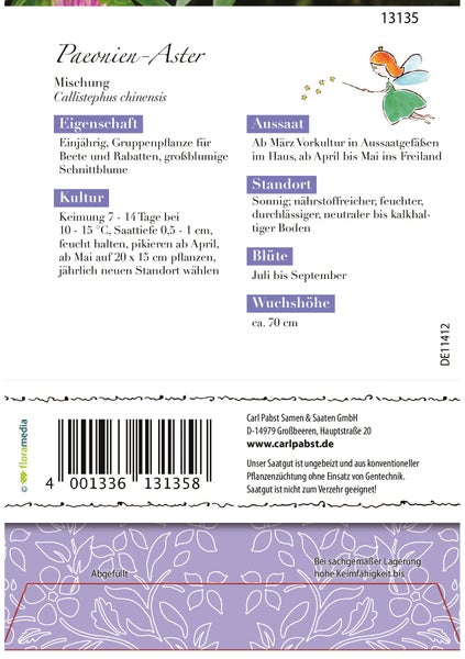 Rückseite der Samenpackung für Paeonien-Aster Mischung von Carl Pabst mit Infos zu Aussaat, Standort, Blütezeit und Wuchshöhe circa 70 cm.