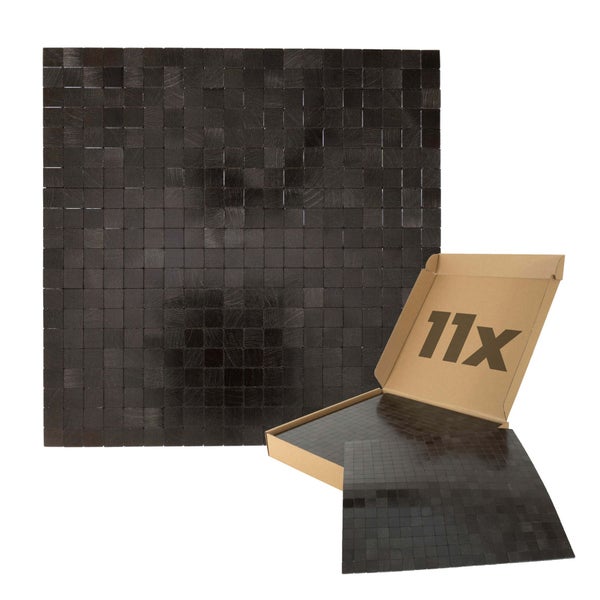 Schwarze Mosaikfliesen aus Holz in quadratischer Form, Set mit 11 Matten.