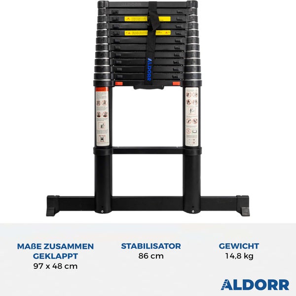 ALDORR Professional - Teleskopleiter 3,80M mit ausziehbarer Stabilisatorstange - Belastbarkeit bis zu 150kg - Soft-Close-System