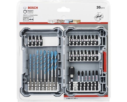 Bosch Logo, Bosch Impact Control Bohrer- und Bit-Set, 35-teilig, in einer transparenten Kunststoffbox.