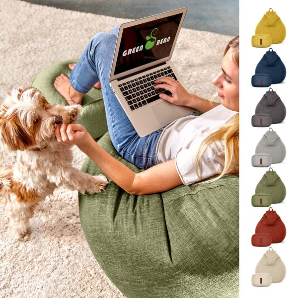 Green Bean 2er Set Indoor XXL Sitzsack + Hocker mit EPS-Perlen Füllung - Fußhocker Fußkissen Sitz-Pouf Bodenkissen Liegekissen Sitzkissen Lounge Chair Sitzhocker Relax-Sessel Bean Bag Grün