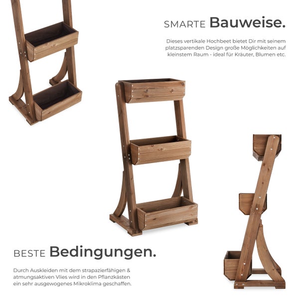 Vertikales Holz-Hochbeet mit drei Pflanzkästen und atmungsaktivem Vlies für Kräuter und Blumen.