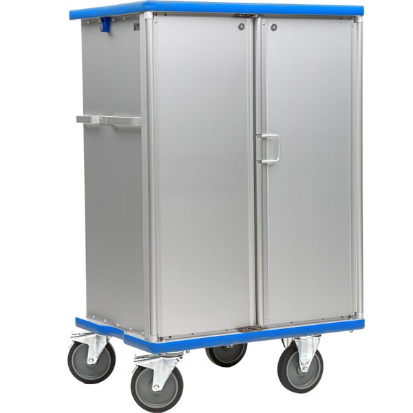 Grauer modularer Transportwagen aus Metall mit blauen Kanten, zwei geöffneten Türen, internen Führungsschienen und vier Lenkrollen.