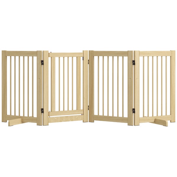 PawHut Absperrgitter Hund 4-teilig, 204 x 75 cm Faltbar Türschutzgitter mit Tür, Freistehend Hundegitter mit 2 Stützfüßen, Treppengitter aus Holz für Flur, Küche, Treppe, Natur