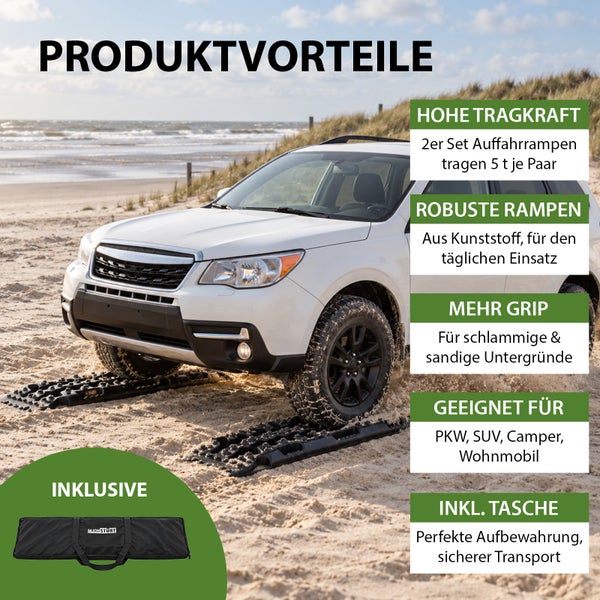Set aus zwei robusten Auffahrrampen aus Kunststoff mit hoher Tragkraft von fünf Tonnen für PKW, SUV und Wohnmobile auf sandigem Untergrund.