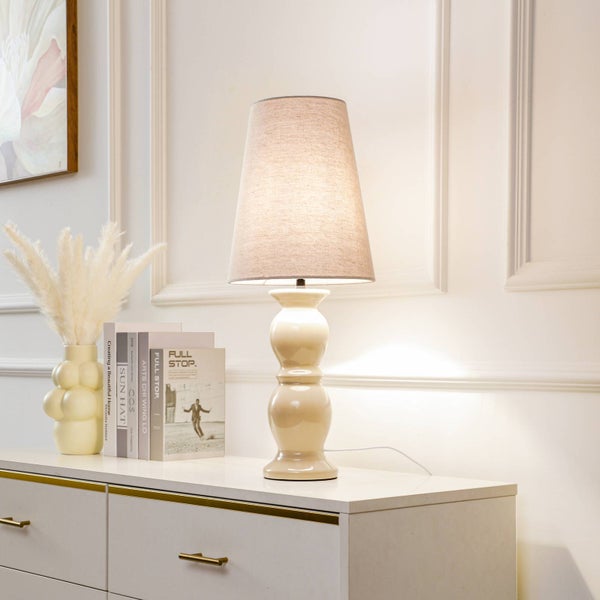 Lucande Tischlampe Lyndorin (Design, Modern) in Creme aus Keramik (1 flammig E27) - Tischleuchte Schreibtischlampe Nachttischlampe Wohnzimmerleuchte