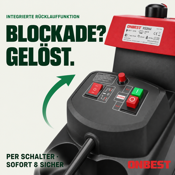 ONBEST Logo. Nahaufnahme des Gartenhäckslers RS2844 mit Bedienfeld für Ein-Aus-Schalter und integrierter Rücklauffunktion.