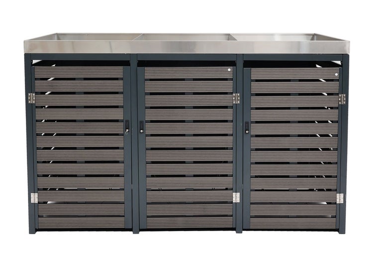 Mülltonnenbox für drei Mülltonnen mit abschließbaren Türen und Edelstahlabdeckung