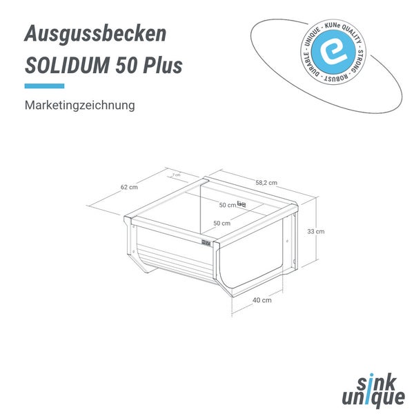 Maßzeichnung des Ausgussbeckens SOLIDUM 50 Plus mit Maßen von 58,2 mal 62 mal 33 Zentimetern, sink unique Logo und Siegel für Langlebigkeit.