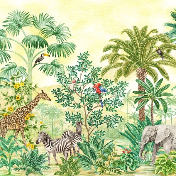 Illustration einer tropischen Szene mit Giraffe, Elefant, Zebras, Tukanen, Papageien und Palmen