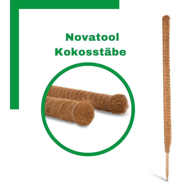Novatool Kokosstab als Rankhilfe für Pflanzen mit Holzspitze und Detailansicht der Kokosfaser.