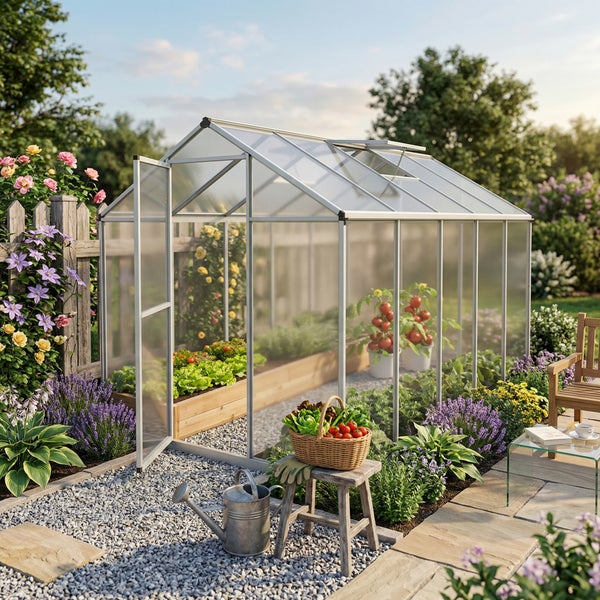 Gewächshaus aus Aluminium mit Maßen: Höhe 1,95 Meter, Breite 1,85 Meter, Länge 3,07 Meter, Fläche 5,3 Quadratmeter.